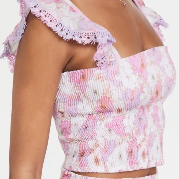 NEW Peixoto Mariel Cropped Top Pink Purple Jasmine Floral Smocked Ruffle Med - Picture 2 of 12